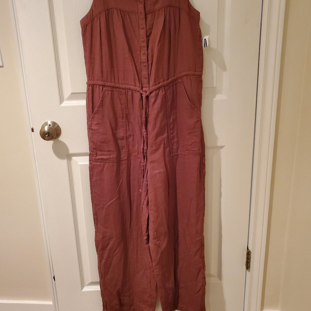 EUC Old Navy Tie Waist Twill Sleeveless Jumpsuit Mauve Small